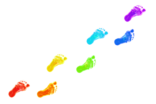Baby foot prints all colors of the rainbow. The joyful journey. Isolated on white background