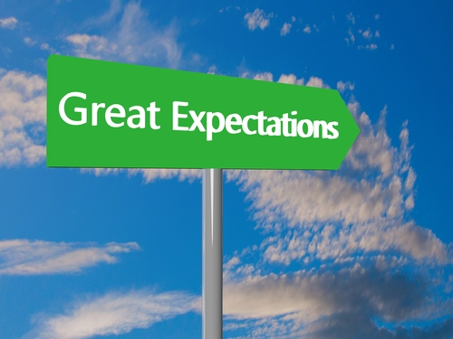 Green cartel with text "Great Expectations", 3d render